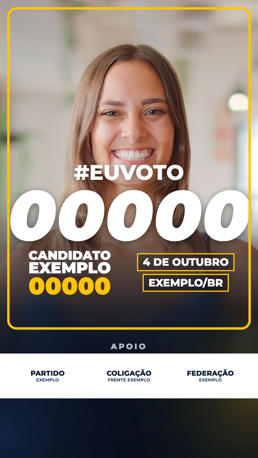 A mesma arte com todas as faixas preenchidas: número, nome do candidato, data, cidade e, no rodapé, a faixa de apoio com os logos do partido, da coligação e da federação.
