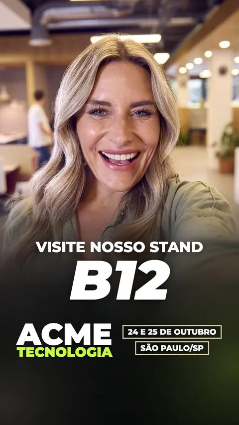Arte “Visite nosso stand B12” com a foto de uma expositora